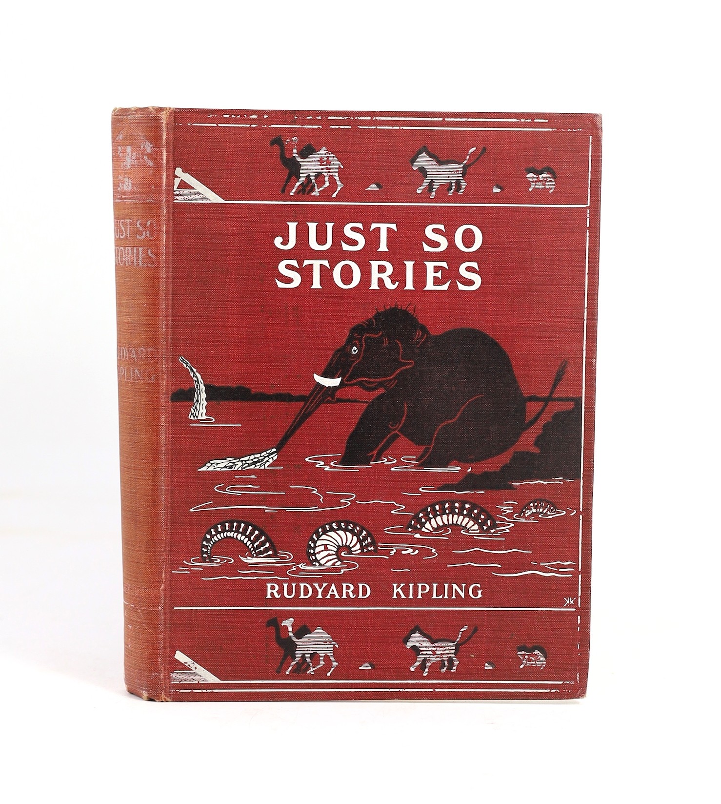 Kiping Rudyard - Just So Stories for Little Children. First edition. num. illus. (but the author, some full page), half title; publisher's black and white pictorially designed maroon cloth, 4to. 1902